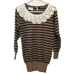 Vtg Y2K Miss Kelly Brown Black Stripe Sweater L Lace Peter Pan Collar Grandma